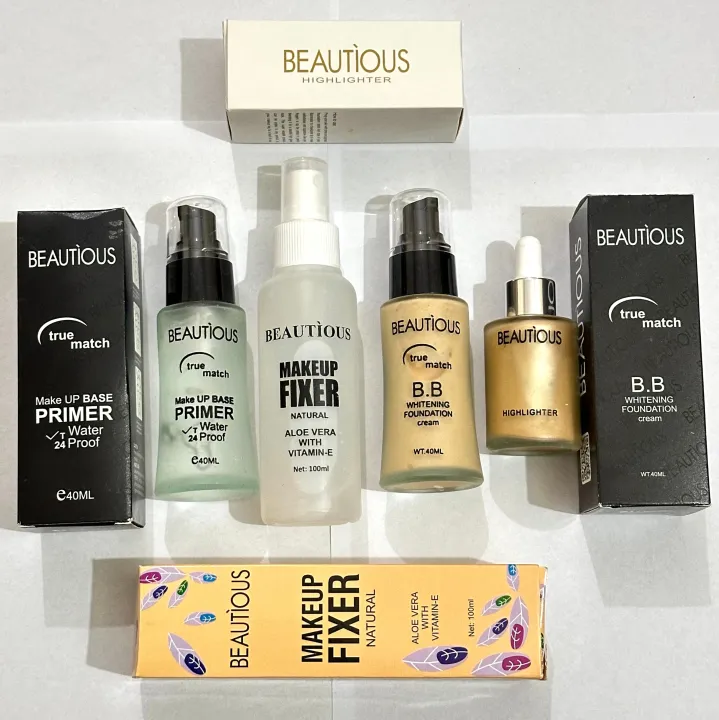 Beautious Deal of 04 Foundation + Liquid Highlighter + Primer Pump + fixer | Daraz.pk
