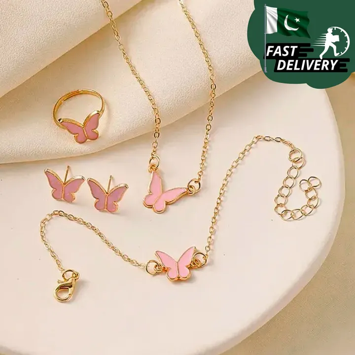 1Set Fashion Exquisite Simple Versatile Butterfly Necklace Bracelet Earrings Ring For Women Girls Wedding Party Jewelry Set | Daraz.pk
