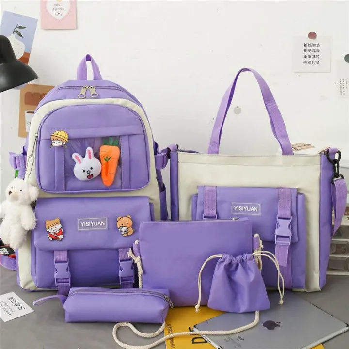 Back-to-School Season Durable Water-Resistant Polyester Korean-Style Letter Print Contrast Color Daypack School Bag for Girls - Student Book Rucksack | Daraz.pk